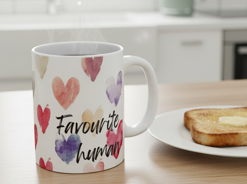 Watercolor Heart Pattern Mug - "favourite human" Valentine’s Gift from the pets!