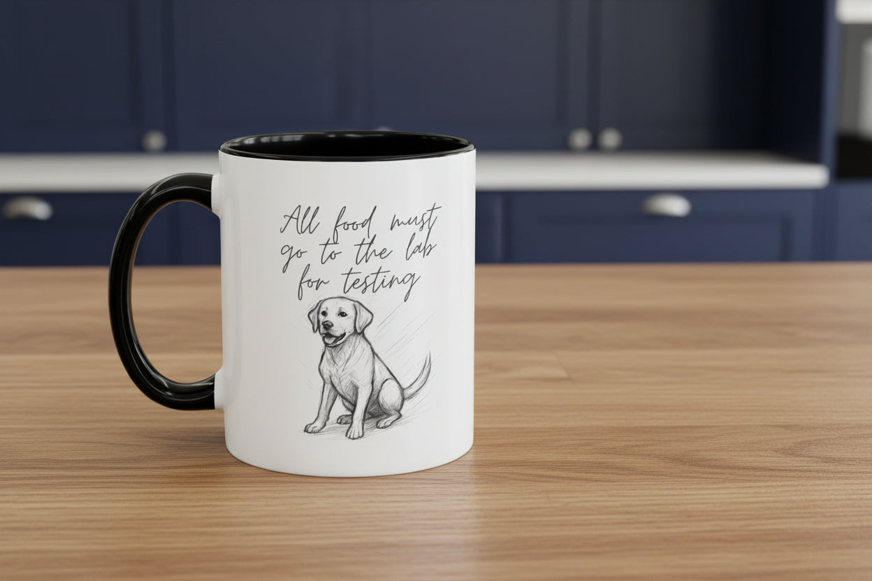 Cheeky labrador Illustration Mug – "all food must go to the lab for testing" Accent Mug (11/15oz)